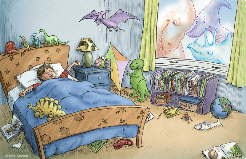 A boy wakes up in his dinosaur-themed bedroom as three dinosaurs watch through the window.