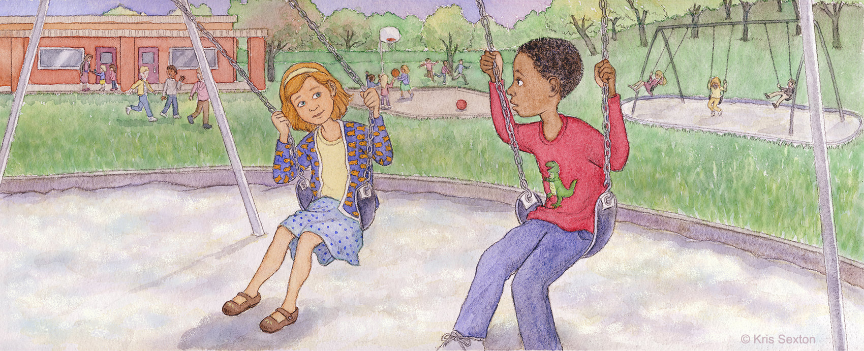 Friends: girl and boy on the school playground, sitting on swings and chatting.